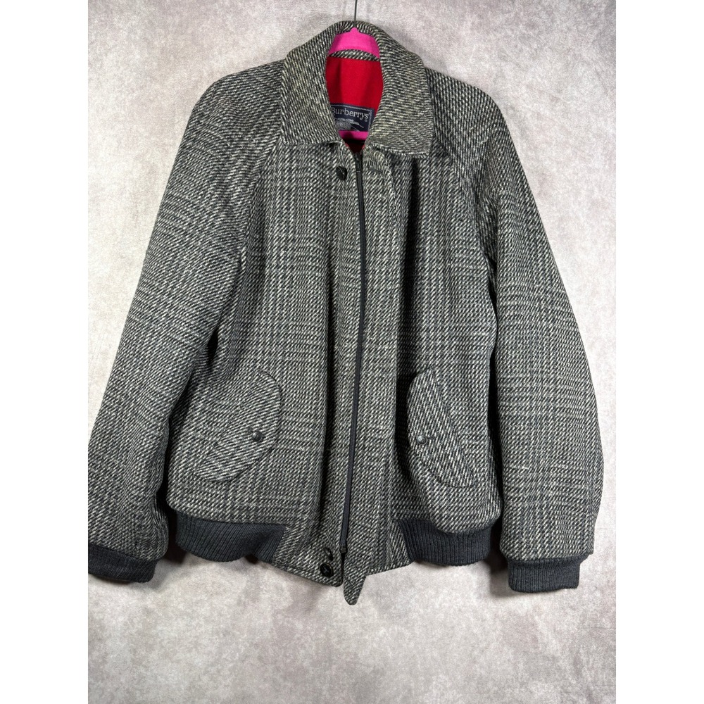 Vintage Burberrys Jacket Mens Grey Tweed Wool Bomber Red Lining Plaid Harrington